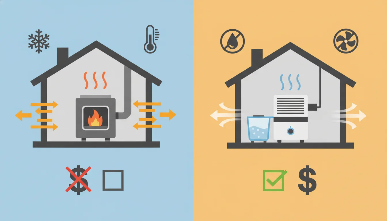 Illustration showing dehumidifier cheaper than heating concept