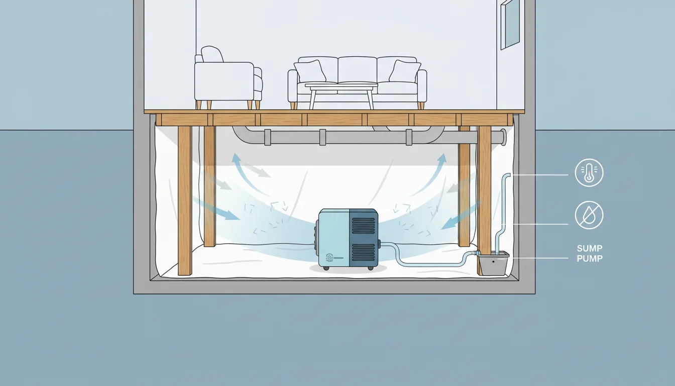 Illustration showing dehumidifier for crawl space concept