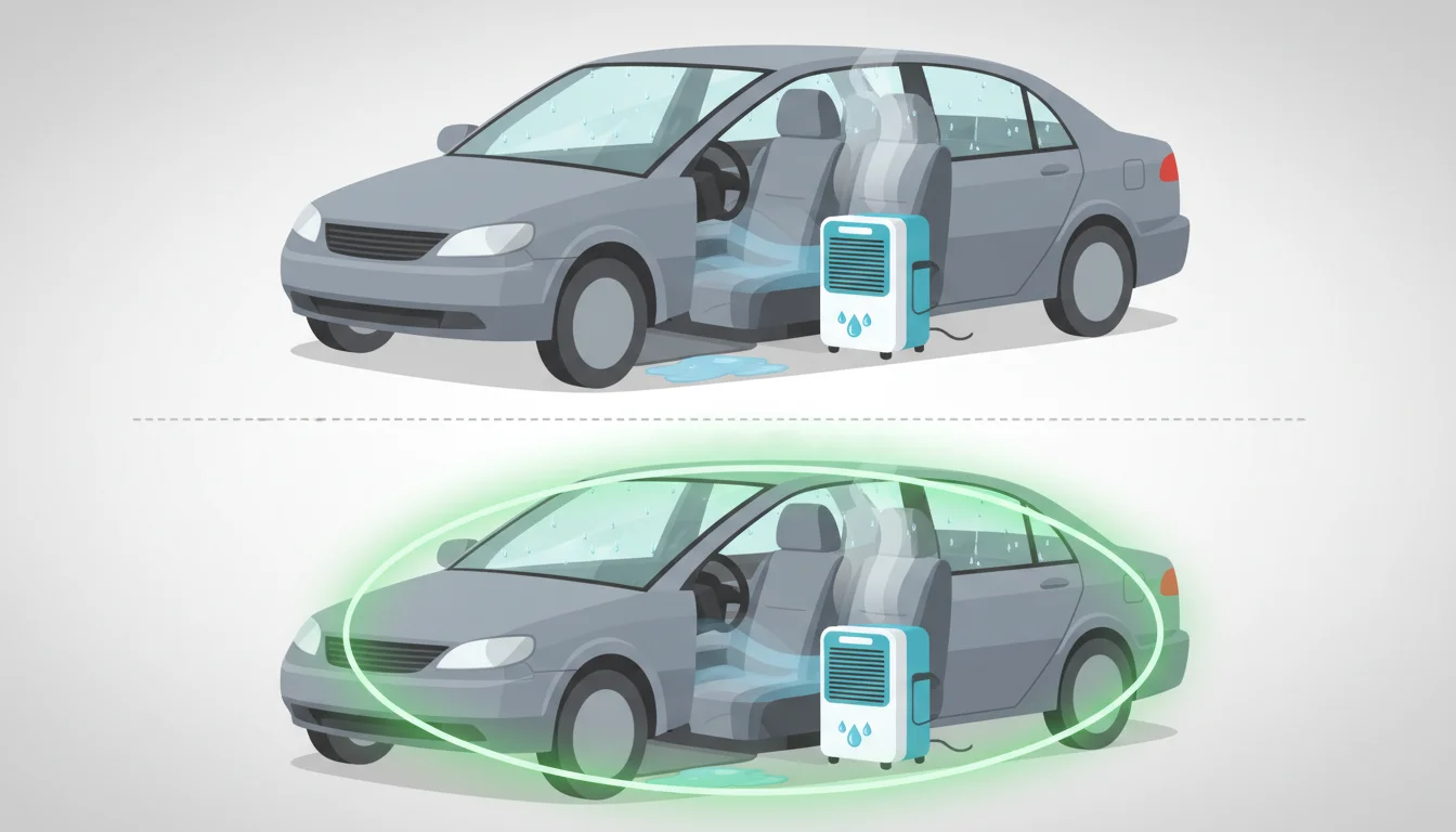 Illustration showing dehumidifier to dry out car concept