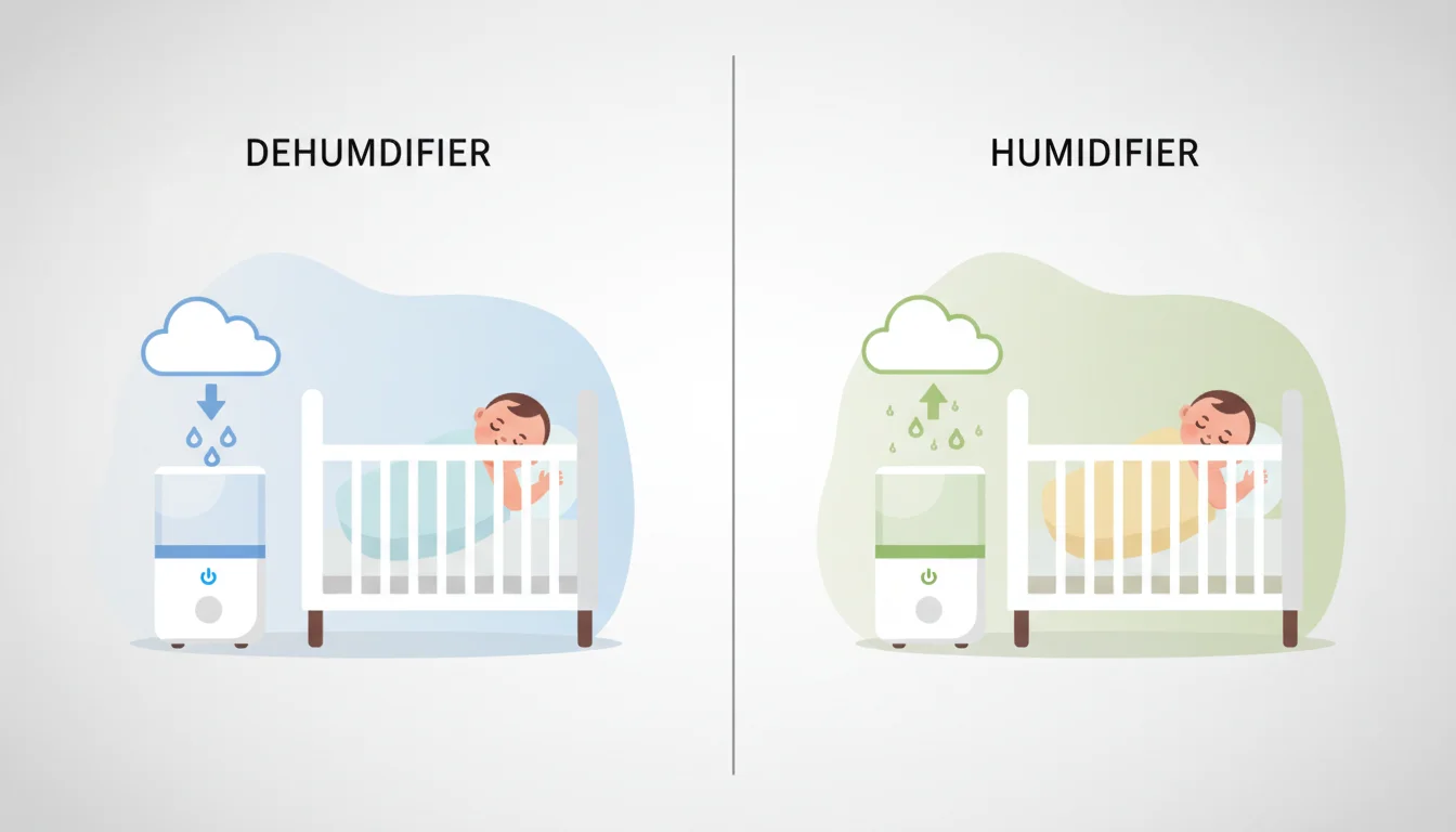 Illustration showing dehumidifier vs humidifier for baby concept
