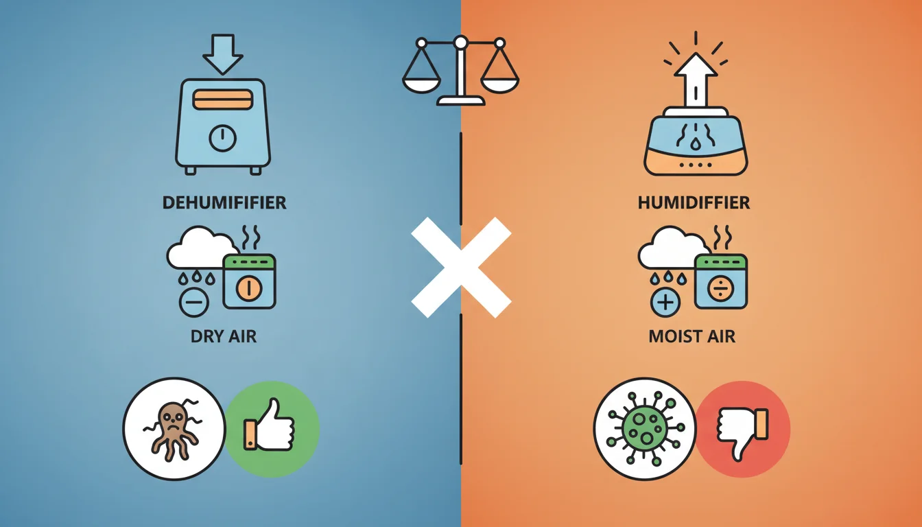 Illustration showing dehumidifier vs humidifier for mold concept