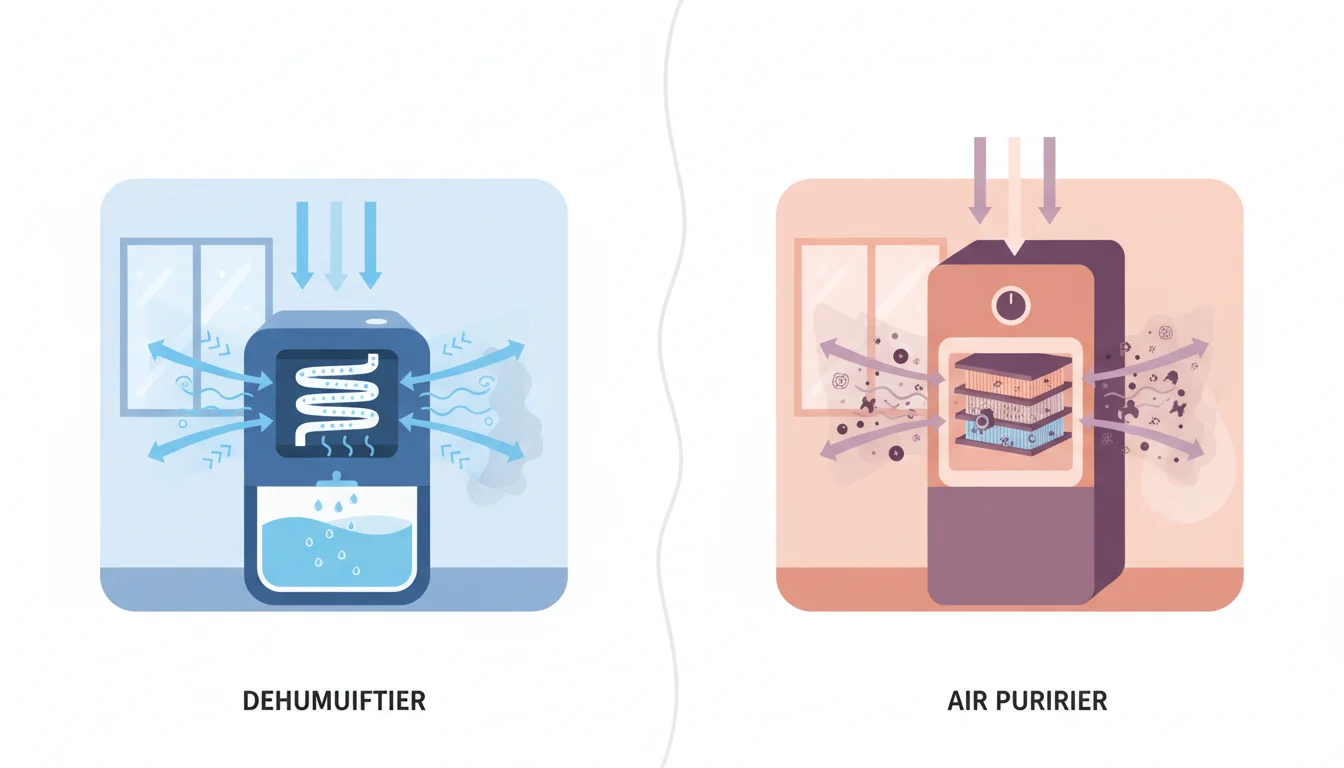 Illustration showing difference between dehumidifier and air purifier concept