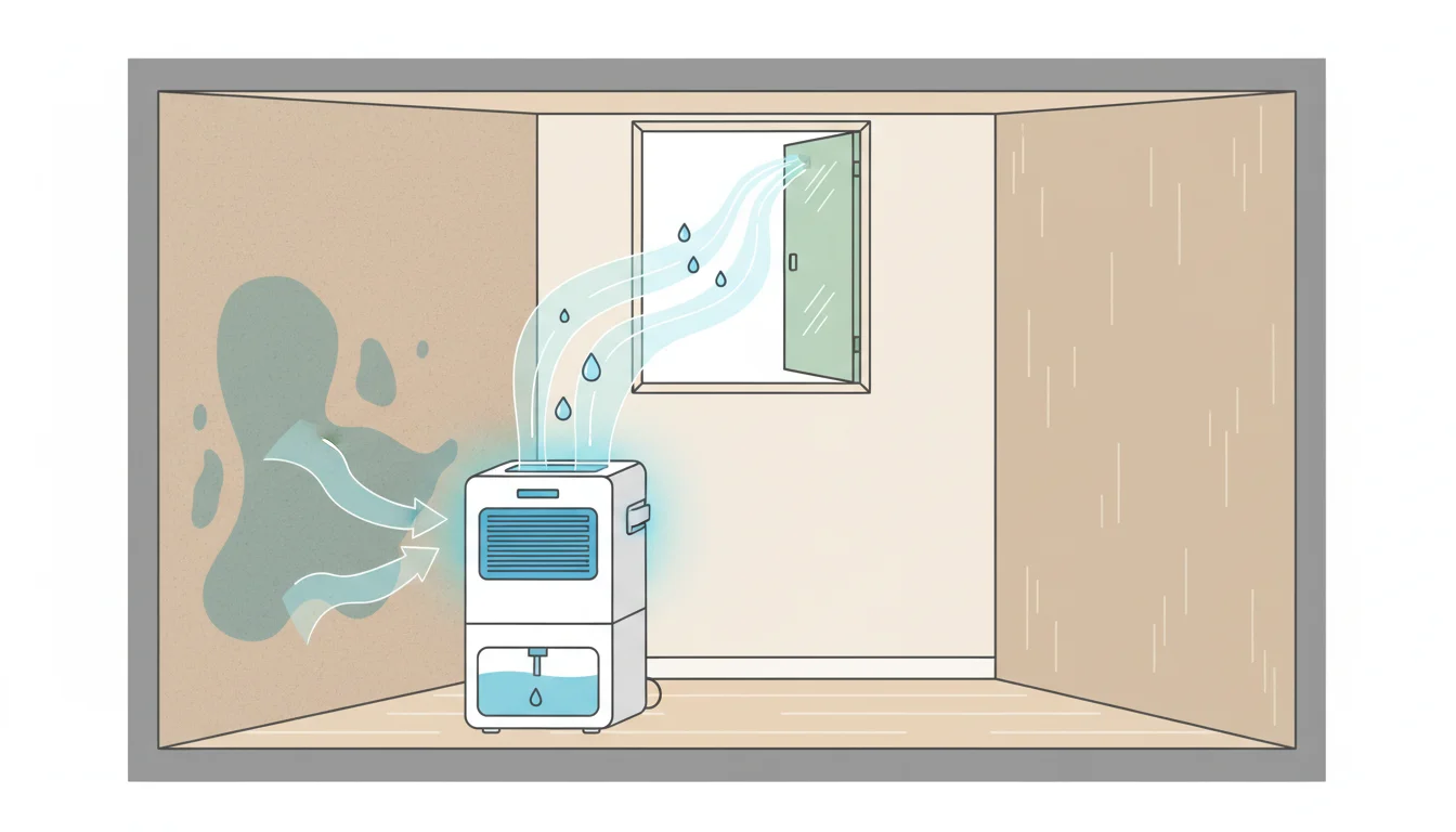 Illustration showing will dehumidifier dry out damp walls concept